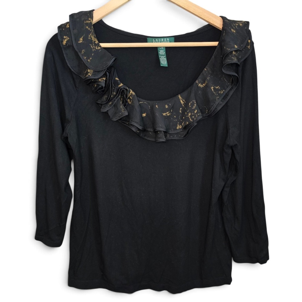 Lauren Ralph Lauren Top Womens Large Black Gold Metallic Ruffle Neck 3/4 Sleeve